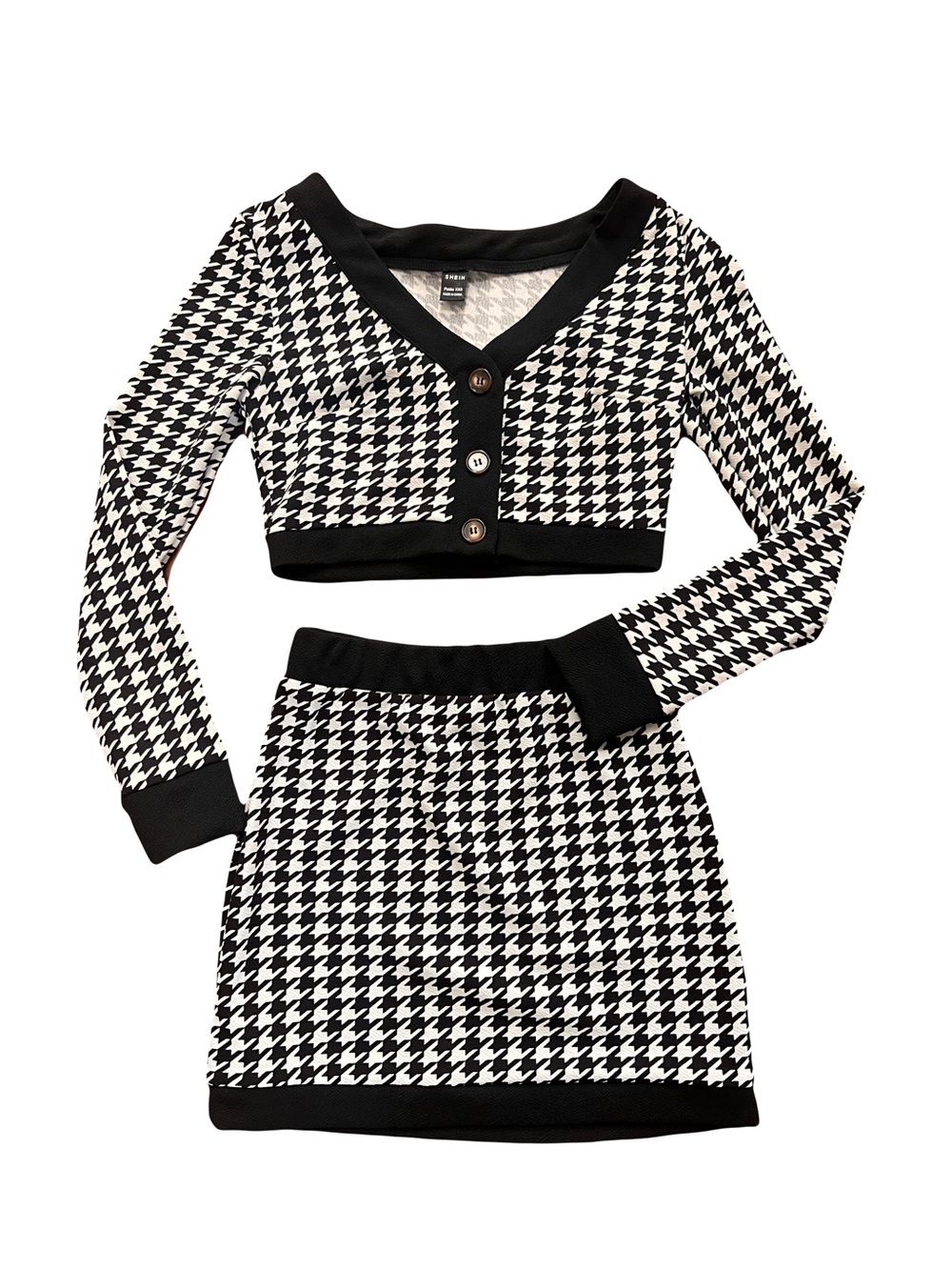 SHEIN Black & White Houndstooth Cropped V-Neck Cardigan and Skirt Set